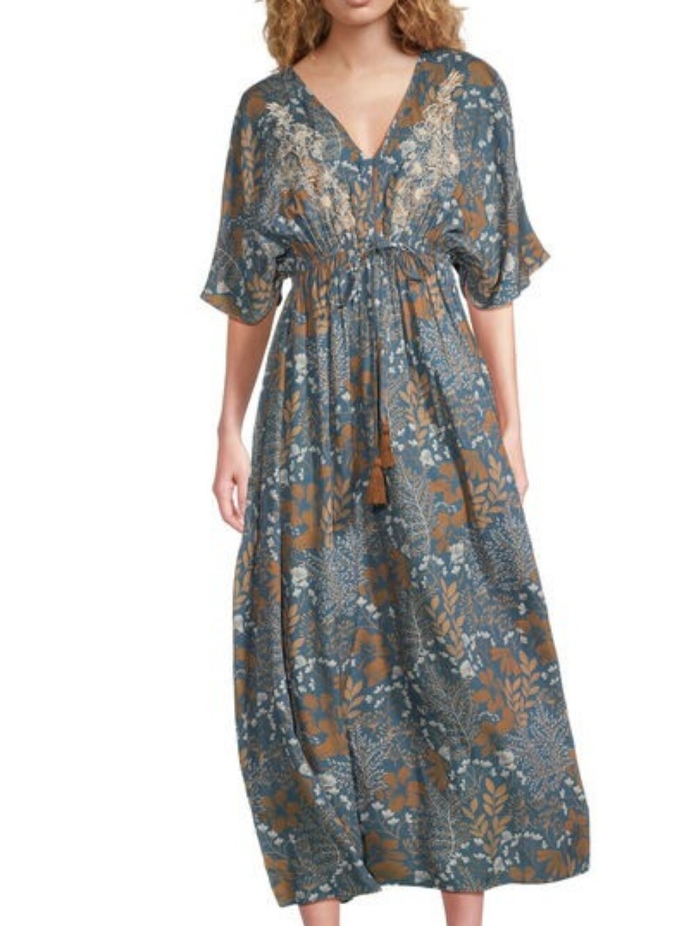 Cost Plus World Market Teal Floral Drawstring Maxi Dress